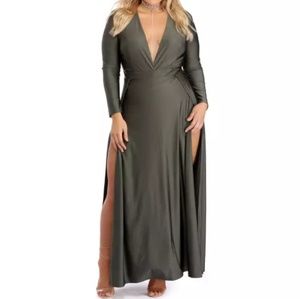 SOLD Windsor Olive Dress Long Double Slits Desiree 2X